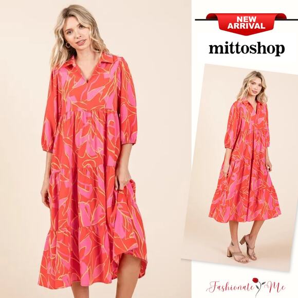 Mittoshop Tiered Detail Printed Collared Neck Half Sleeves Midi Dress | Coral - Picture 1 of 7